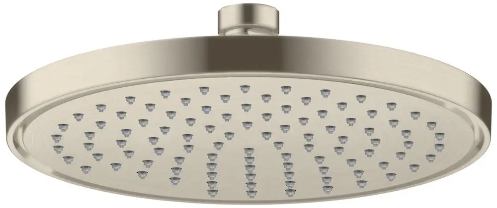 Kopfbrause mit flacher runder Oberfläche und mehreren Düsen im gebürsteten Nickel-Finish. Hersteller ist AXOR.